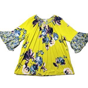 Susan Graver Women Blouse Liquid Knit Bell Sleeve Mixed Floral Yellow XL L194